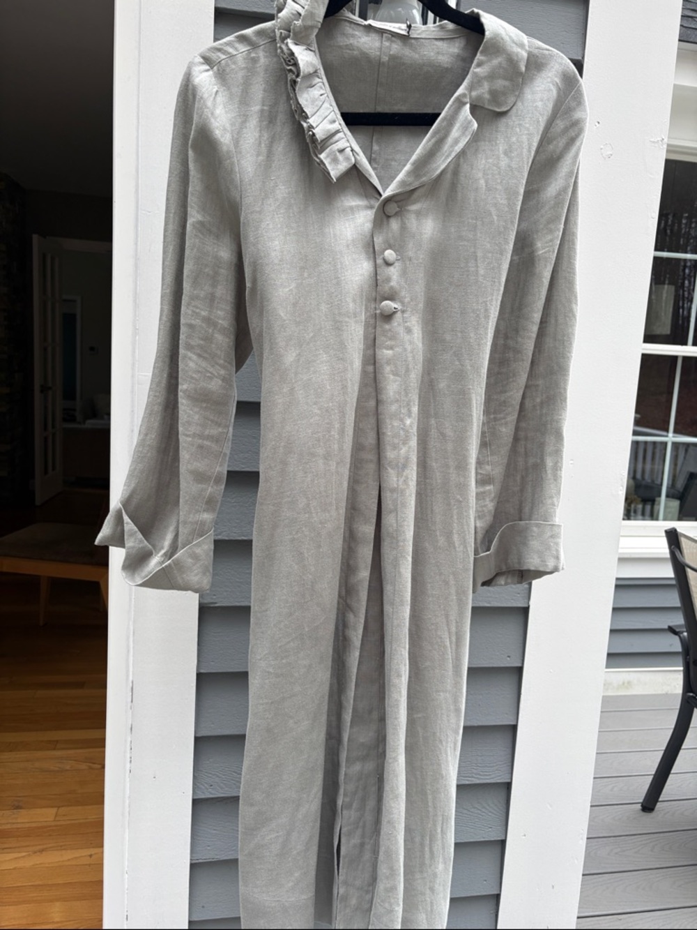 Light Gray Long Linen Women's Coat with Ruffle Collar - Picture 2 of 9